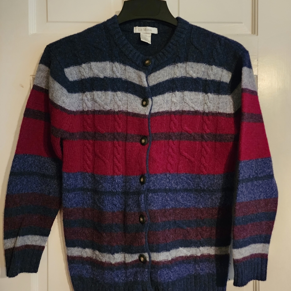 VTG Le Moda Cardigan Sweater 100% Wool Striped Button Up S